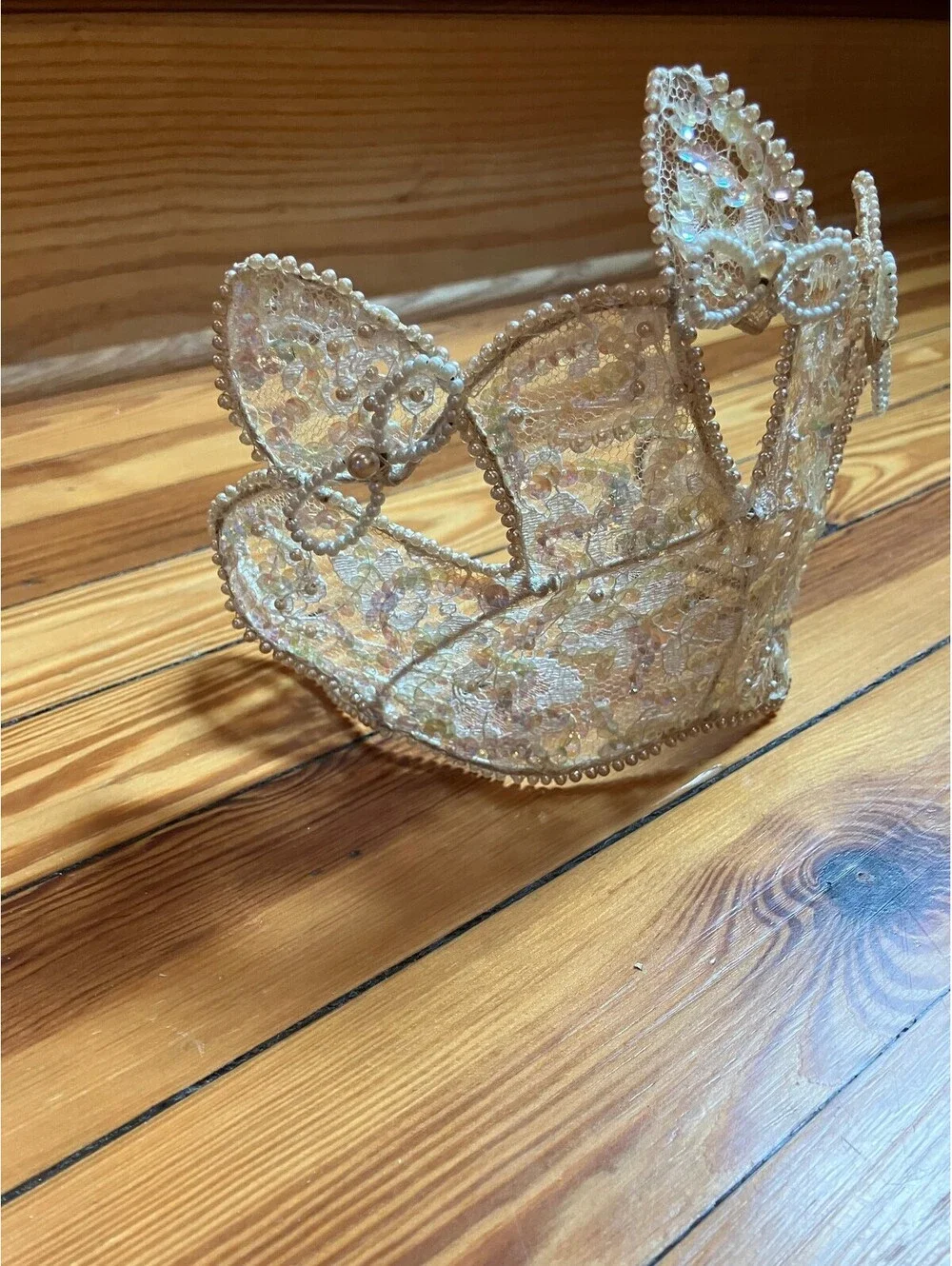 Vintage 1940/50s Pearl Lace Bridal Crown Headpiece Wired Juliet Cap Tiara Ivory